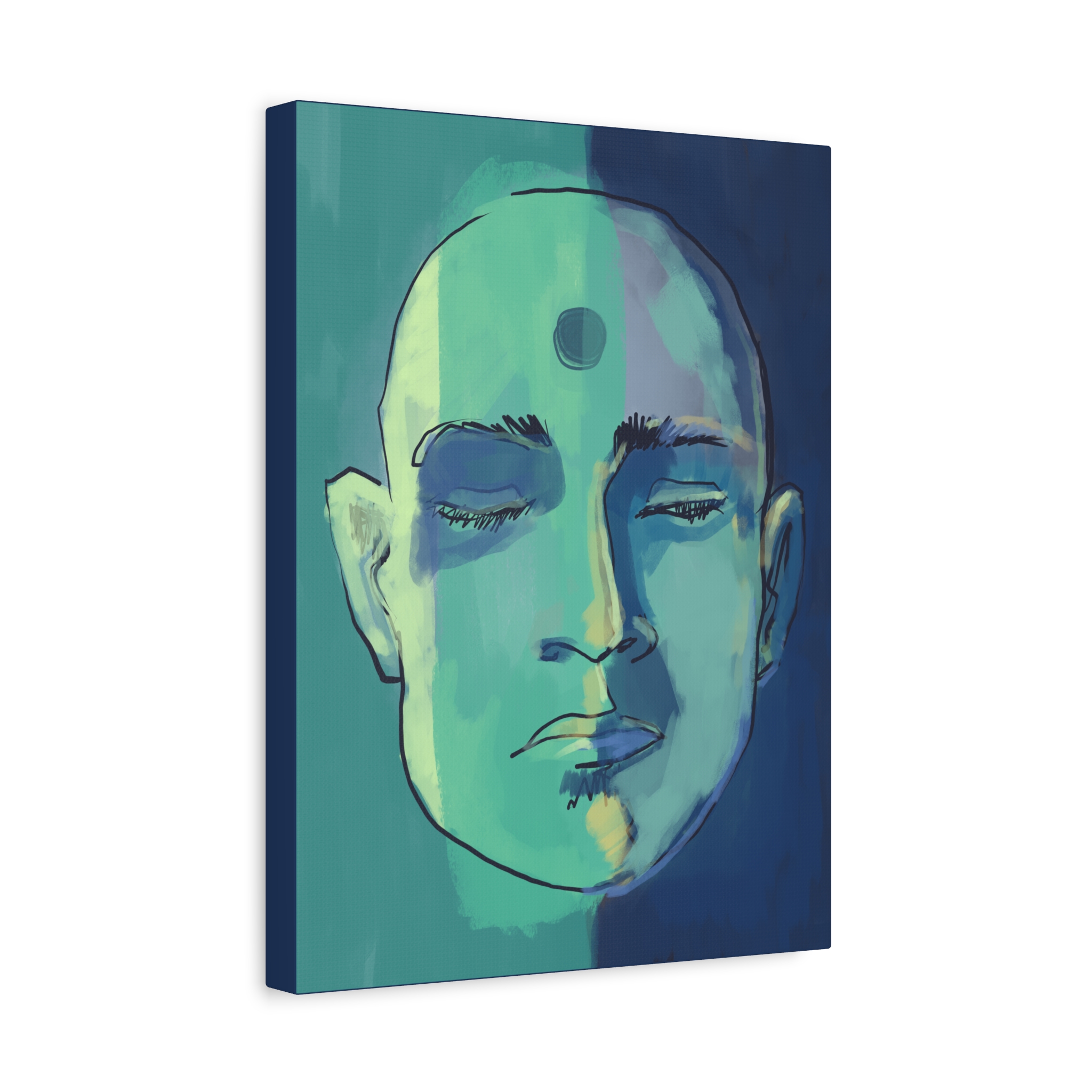 Meditative Face Canvas Art — Blue-Green Spiritual Portrait (Matte Stretched) - Image 3