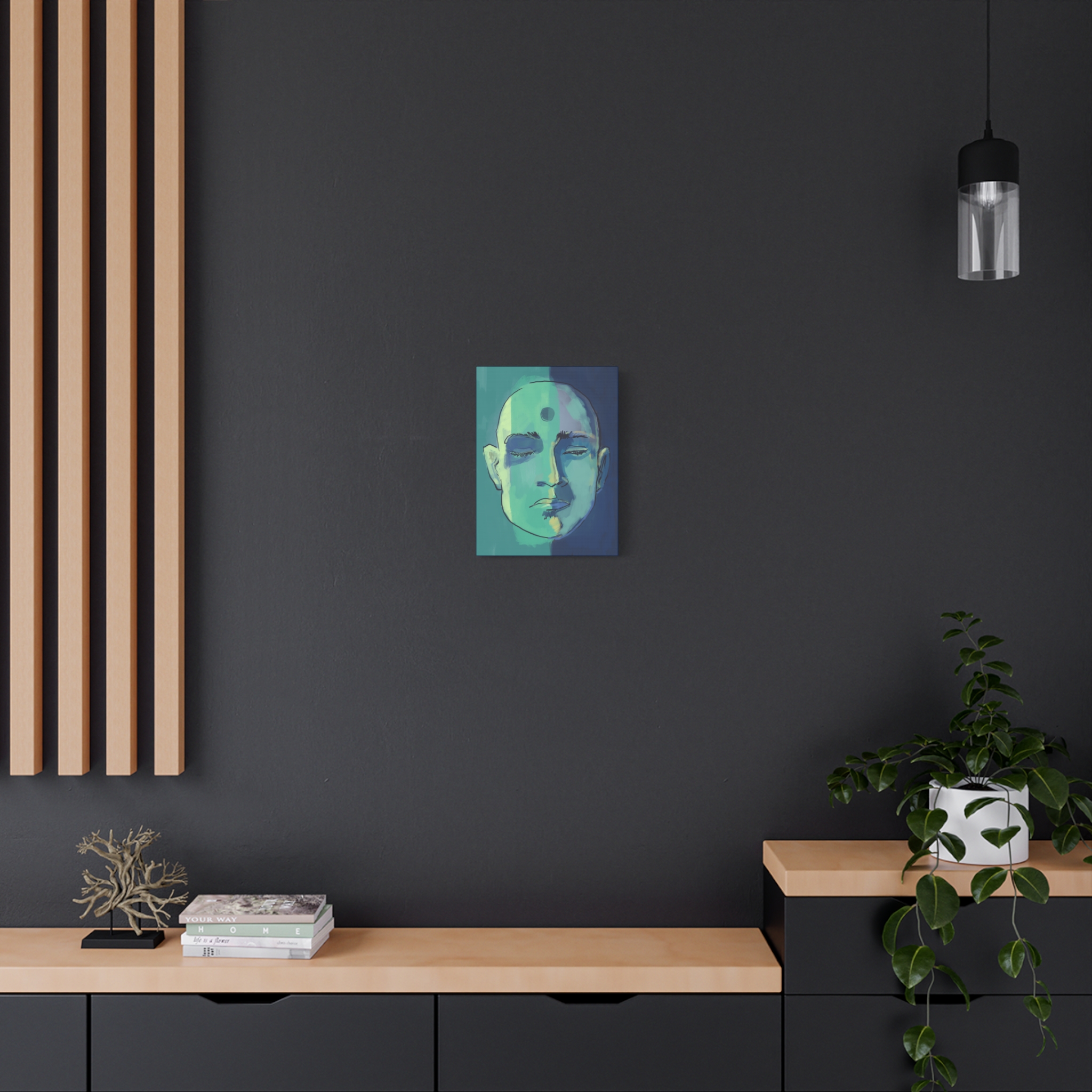 Meditative Face Canvas Art — Blue-Green Spiritual Portrait (Matte Stretched) - Image 4