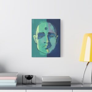 Meditative Face Canvas Art — Blue-Green Spiritual Portrait (Matte Stretched)
