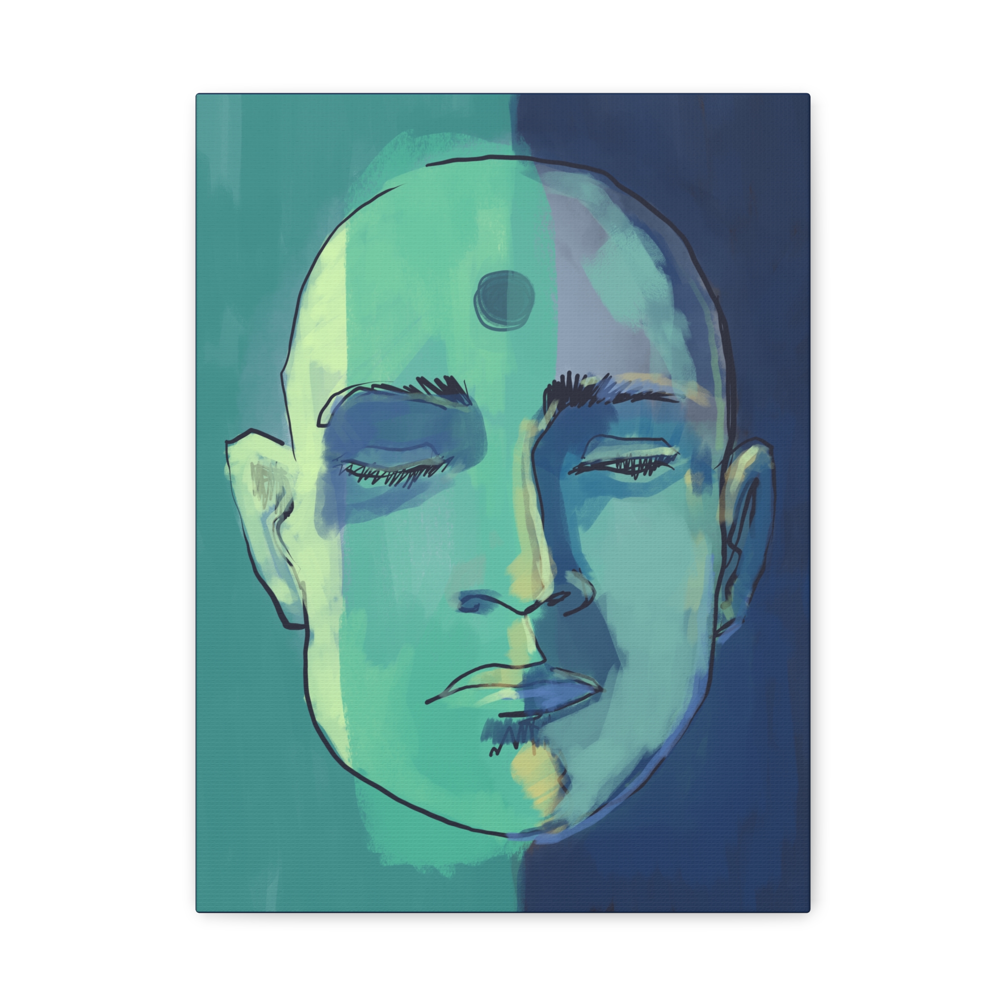 Meditative Face Canvas Art — Blue-Green Spiritual Portrait (Matte Stretched) - Image 2